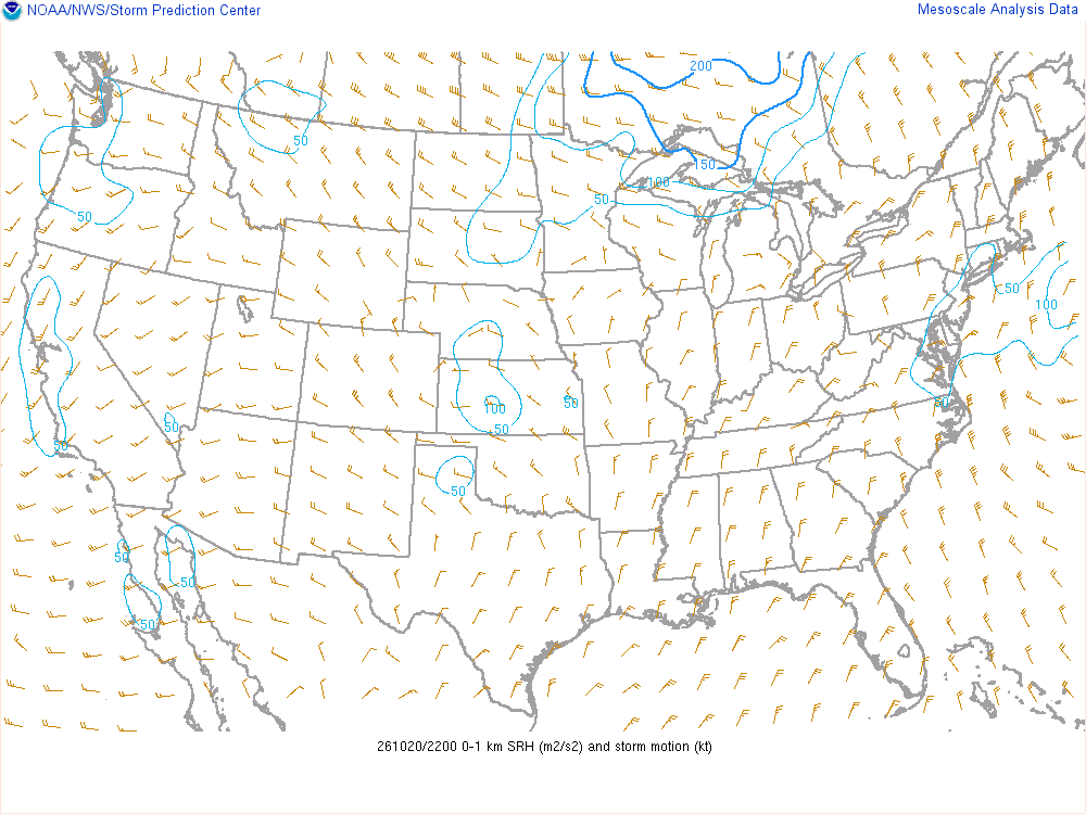 SPC mesoanalysis map, 0–1 km storm-relative helicity, lower 48, analysis for 22Z. Its key and units are in SPC’s picture; what it shows is described beside it.