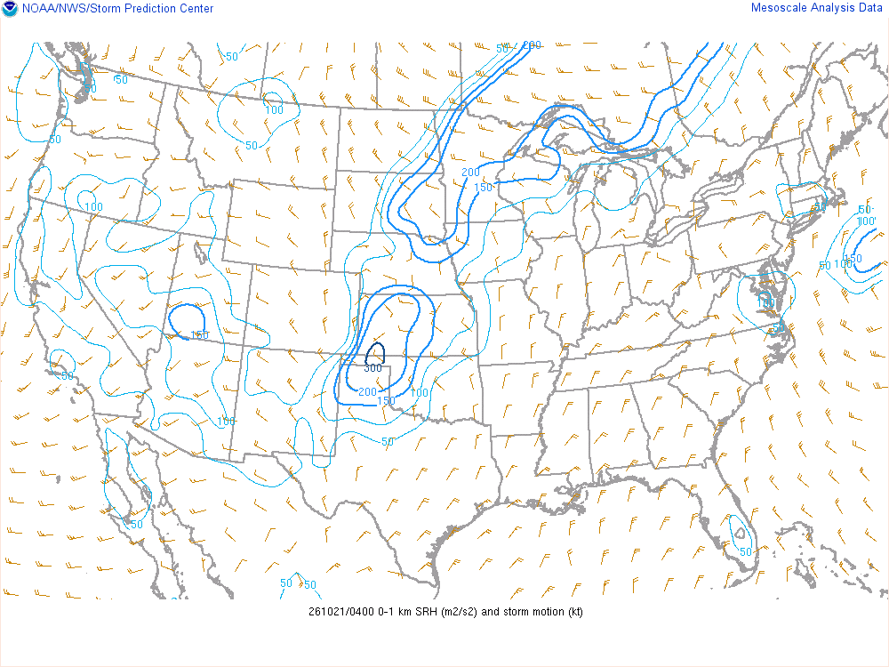 SPC mesoanalysis map, 0–1 km storm-relative helicity, lower 48, analysis for 04Z. Its key and units are in SPC’s picture; what it shows is described beside it.