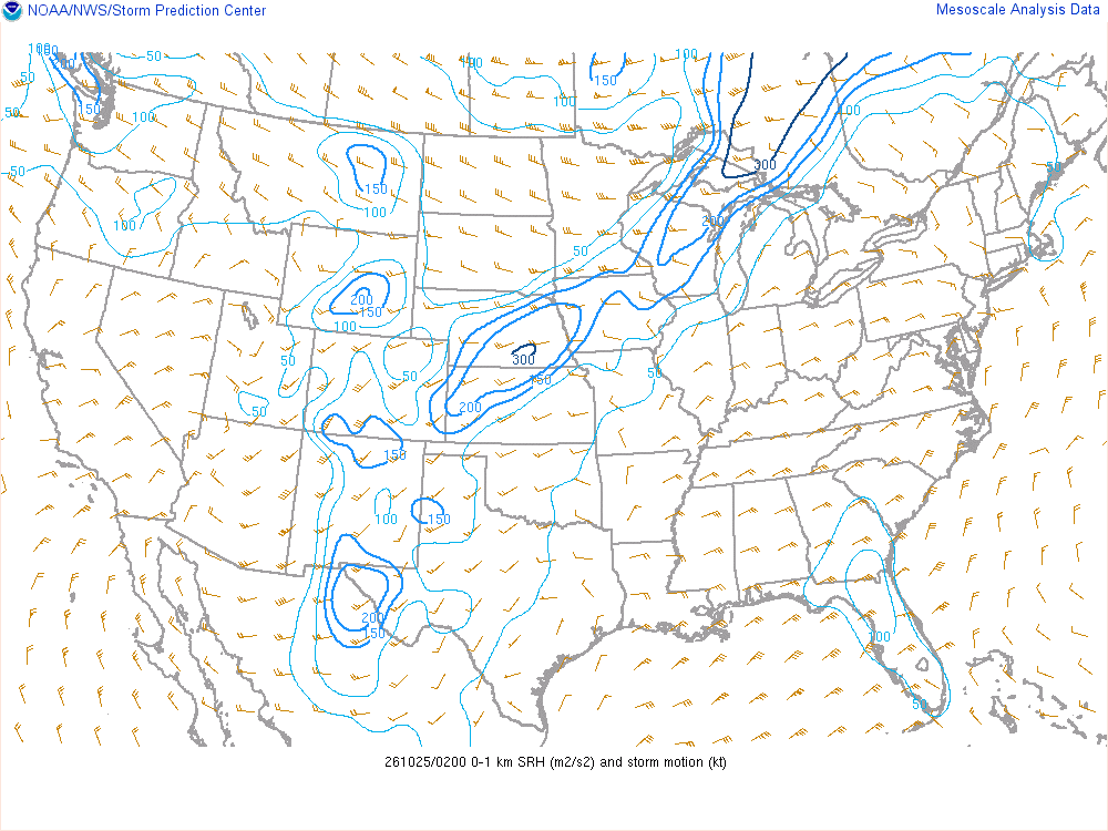 SPC mesoanalysis map, 0–1 km storm-relative helicity, lower 48, analysis for 02Z. Its key and units are in SPC’s picture; what it shows is described beside it.