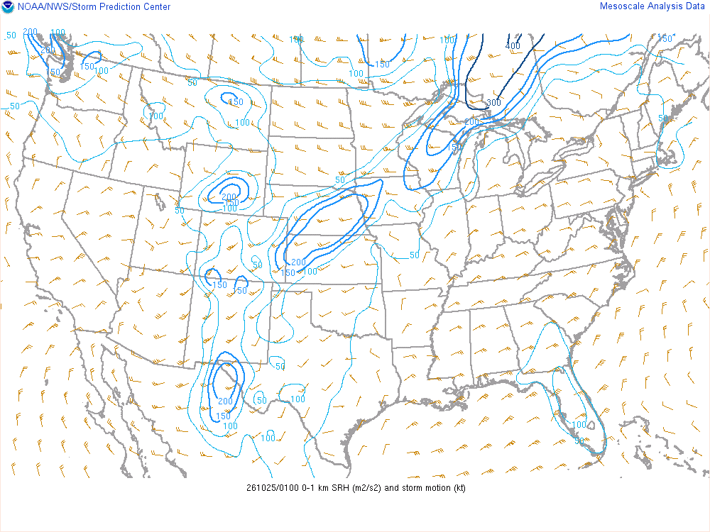SPC mesoanalysis map, 0–1 km storm-relative helicity, lower 48, analysis for 01Z. Its key and units are in SPC’s picture; what it shows is described beside it.