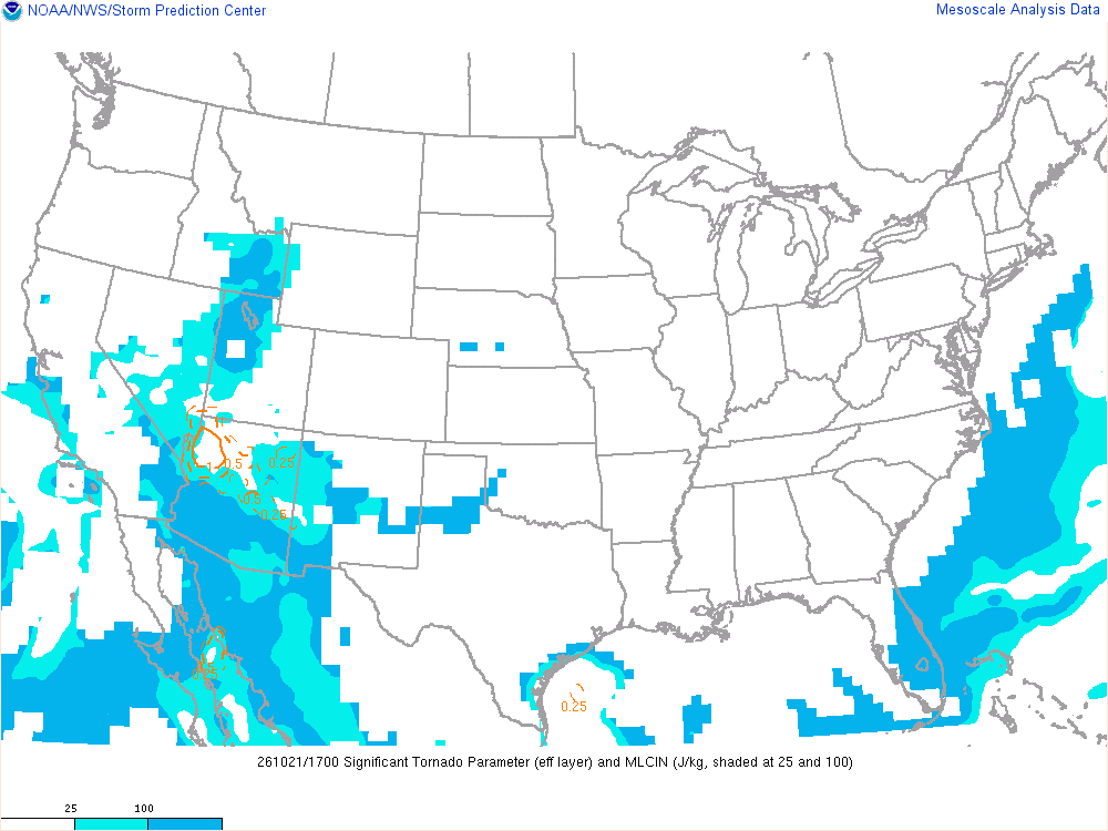 SPC mesoanalysis map, Significant tornado parameter (effective layer), lower 48, analysis for 17Z. Its key and units are in SPC’s picture; what it shows is described beside it.