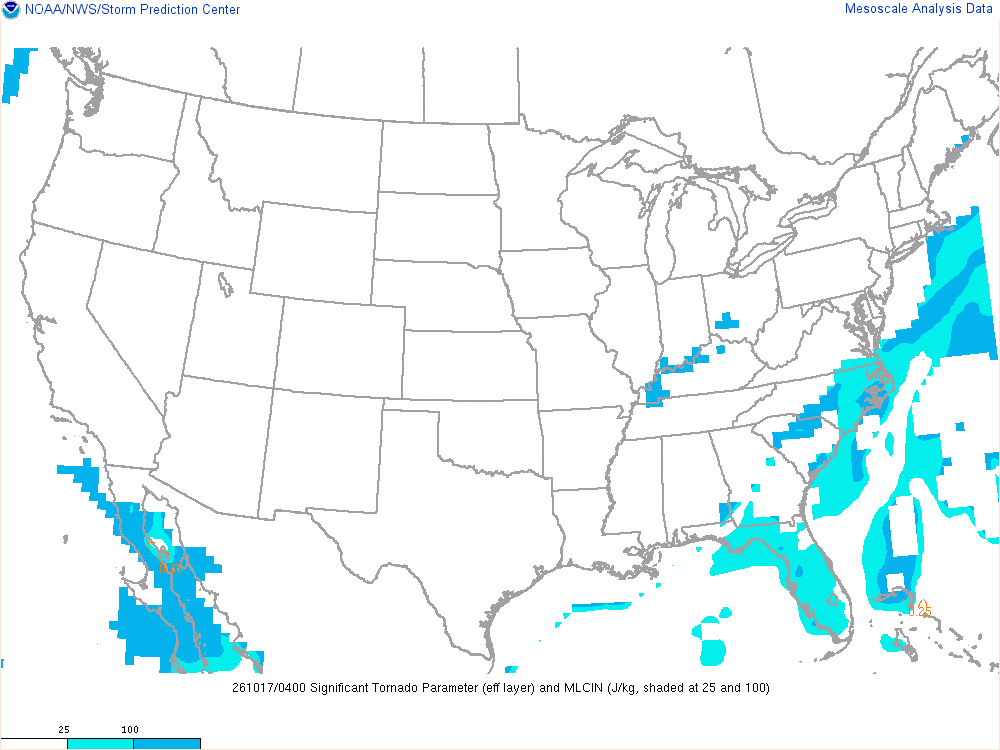 SPC mesoanalysis map, Significant tornado parameter (effective layer), lower 48, analysis for 04Z. Its key and units are in SPC’s picture; what it shows is described beside it.