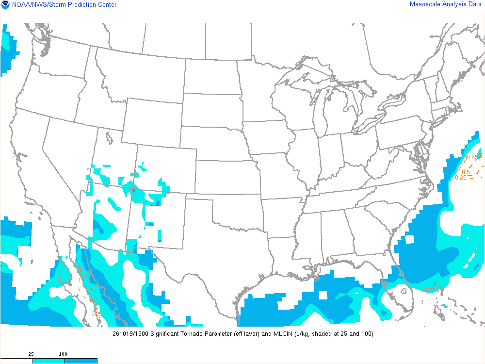 SPC mesoanalysis map, Significant tornado parameter (effective layer), lower 48, analysis for 18Z. Its key and units are in SPC’s picture; what it shows is described beside it.
