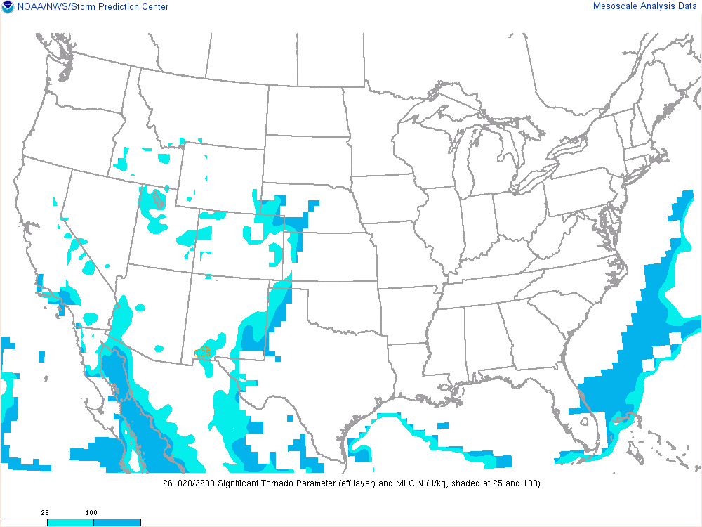 SPC mesoanalysis map, Significant tornado parameter (effective layer), lower 48, analysis for 22Z. Its key and units are in SPC’s picture; what it shows is described beside it.