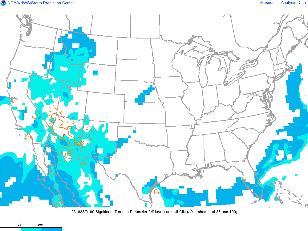 SPC mesoanalysis map, Significant tornado parameter (effective layer), lower 48, analysis for 01Z. Its key and units are in SPC’s picture; what it shows is described beside it.