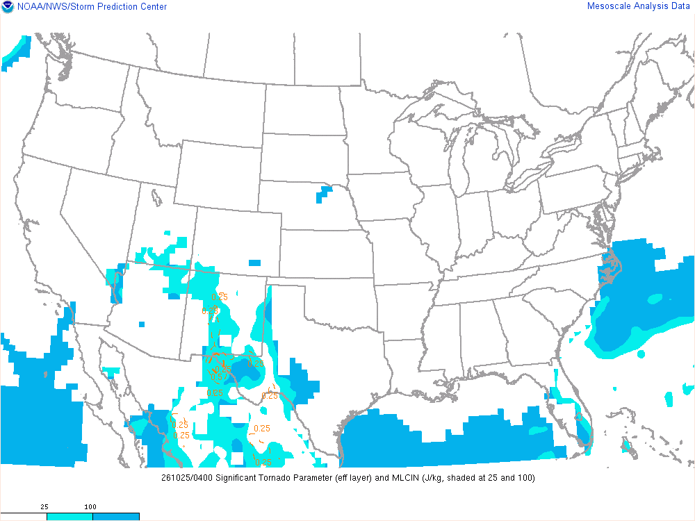 SPC mesoanalysis map, Significant tornado parameter (effective layer), lower 48, analysis for 04Z. Its key and units are in SPC’s picture; what it shows is described beside it.