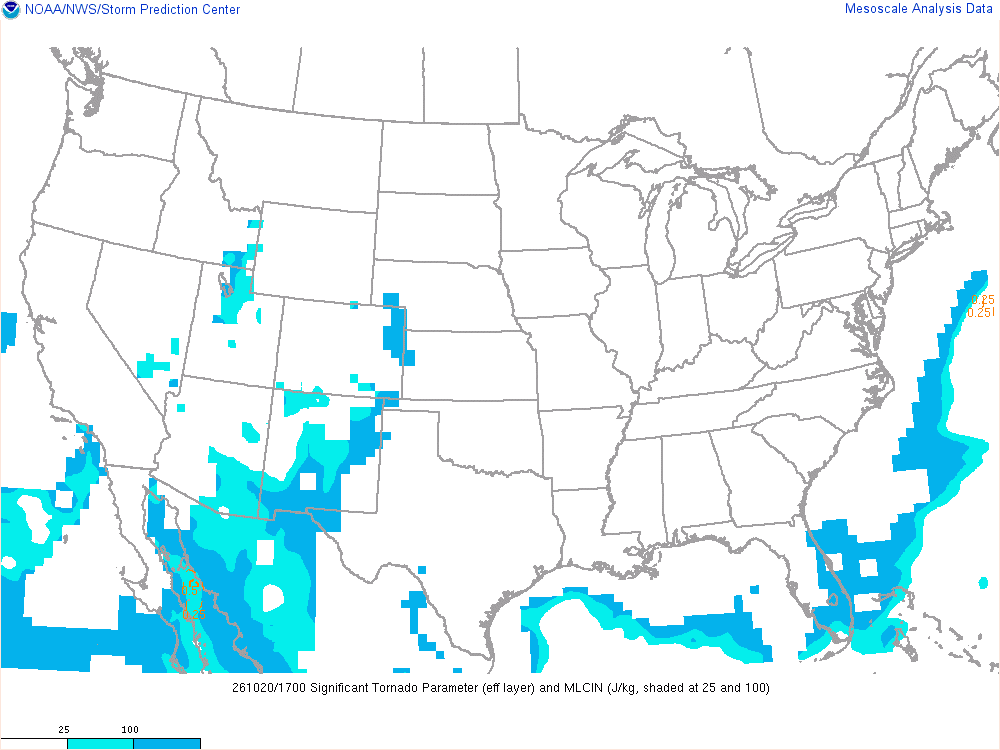 SPC mesoanalysis map, Significant tornado parameter (effective layer), lower 48, analysis for 17Z. Its key and units are in SPC’s picture; what it shows is described beside it.