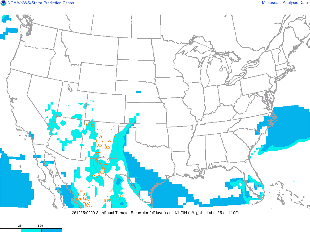 SPC mesoanalysis map, Significant tornado parameter (effective layer), lower 48, analysis for 00Z. Its key and units are in SPC’s picture; what it shows is described beside it.