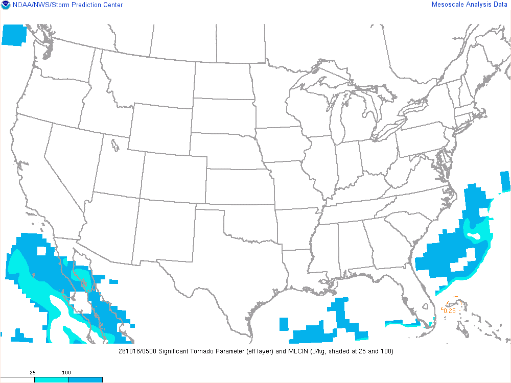 SPC mesoanalysis map, Significant tornado parameter (effective layer), lower 48, analysis for 05Z. Its key and units are in SPC’s picture; what it shows is described beside it.