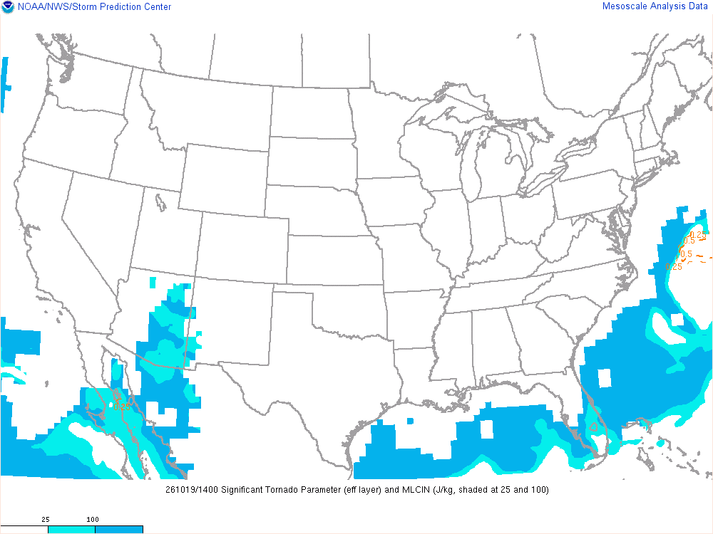 SPC mesoanalysis map, Significant tornado parameter (effective layer), lower 48, analysis for 14Z. Its key and units are in SPC’s picture; what it shows is described beside it.
