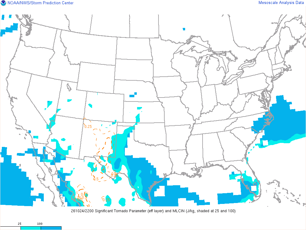 SPC mesoanalysis map, Significant tornado parameter (effective layer), lower 48, analysis for 22Z. Its key and units are in SPC’s picture; what it shows is described beside it.
