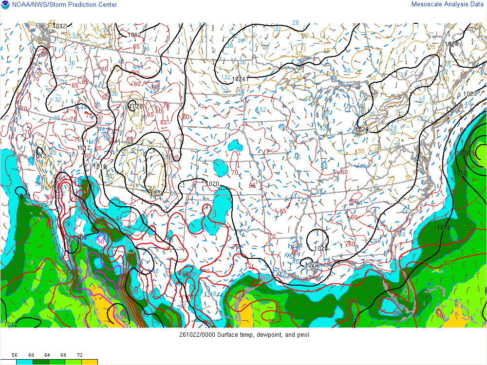 SPC mesoanalysis map, Surface temperature, dew point and sea-level pressure, lower 48, analysis for 01Z. Its key and units are in SPC’s picture; what it shows is described beside it.