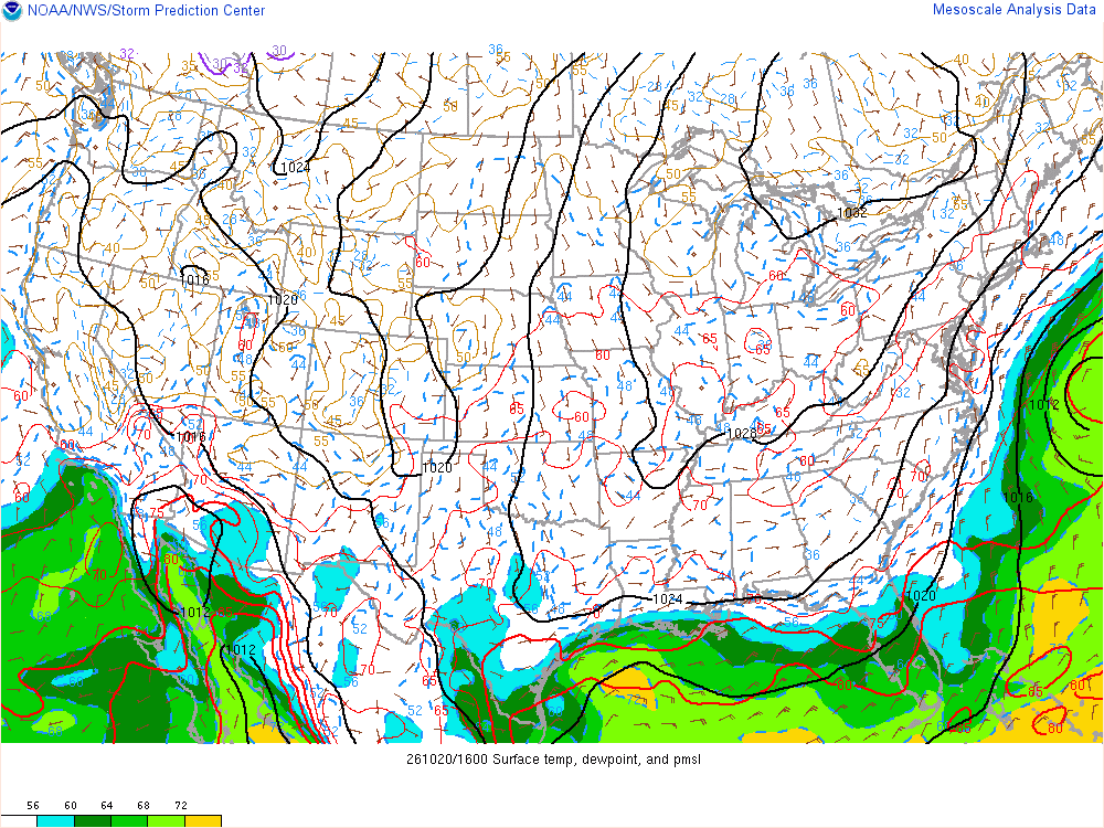 SPC mesoanalysis map, Surface temperature, dew point and sea-level pressure, lower 48, analysis for 17Z. Its key and units are in SPC’s picture; what it shows is described beside it.
