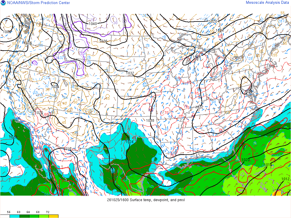 SPC mesoanalysis map, Surface temperature, dew point and sea-level pressure, lower 48, analysis for 17Z. Its key and units are in SPC’s picture; what it shows is described beside it.