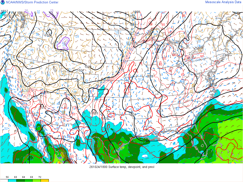 SPC mesoanalysis map, Surface temperature, dew point and sea-level pressure, lower 48, analysis for 19Z. Its key and units are in SPC’s picture; what it shows is described beside it.