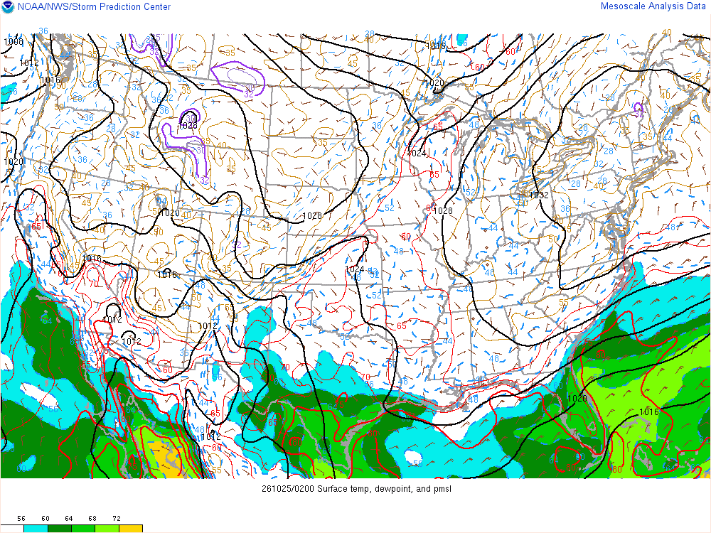 SPC mesoanalysis map, Surface temperature, dew point and sea-level pressure, lower 48, analysis for 02Z. Its key and units are in SPC’s picture; what it shows is described beside it.