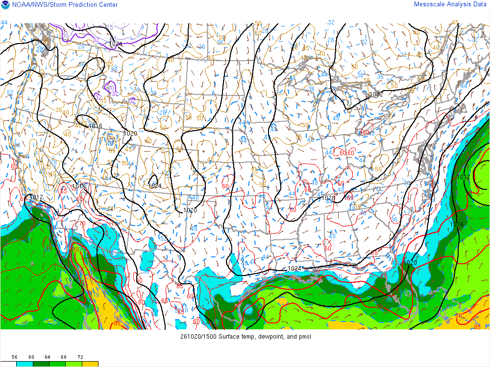 SPC mesoanalysis map, Surface temperature, dew point and sea-level pressure, lower 48, analysis for 16Z. Its key and units are in SPC’s picture; what it shows is described beside it.