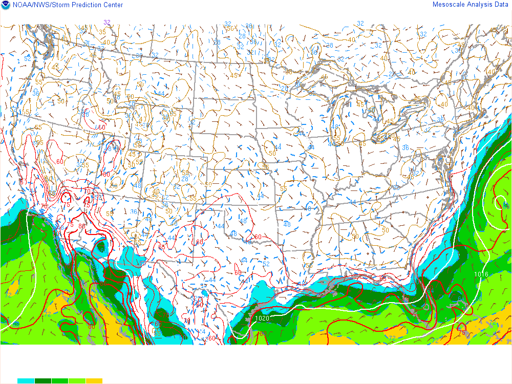 SPC mesoanalysis map, Surface temperature, dew point and sea-level pressure, lower 48, analysis for 03Z. Its key and units are in SPC’s picture; what it shows is described beside it.