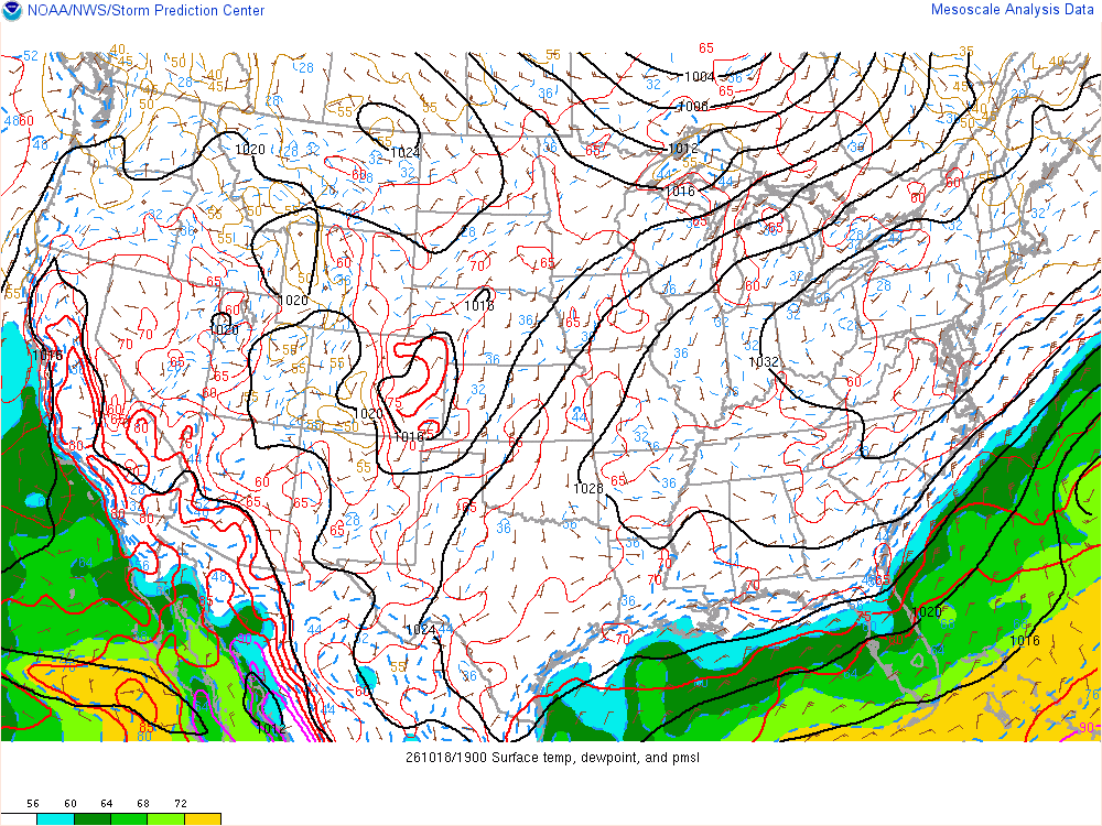 SPC mesoanalysis map, Surface temperature, dew point and sea-level pressure, lower 48, analysis for 20Z. Its key and units are in SPC’s picture; what it shows is described beside it.