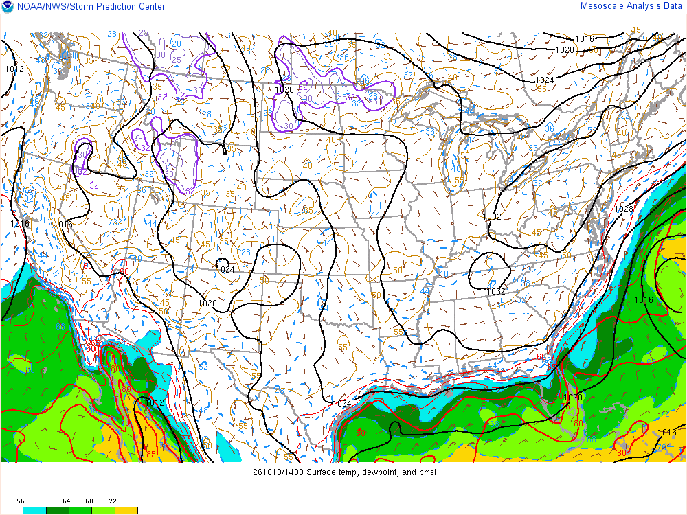 SPC mesoanalysis map, Surface temperature, dew point and sea-level pressure, lower 48, analysis for 14Z. Its key and units are in SPC’s picture; what it shows is described beside it.
