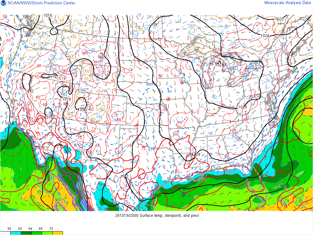 SPC mesoanalysis map, Surface temperature, dew point and sea-level pressure, lower 48, analysis for 21Z. Its key and units are in SPC’s picture; what it shows is described beside it.