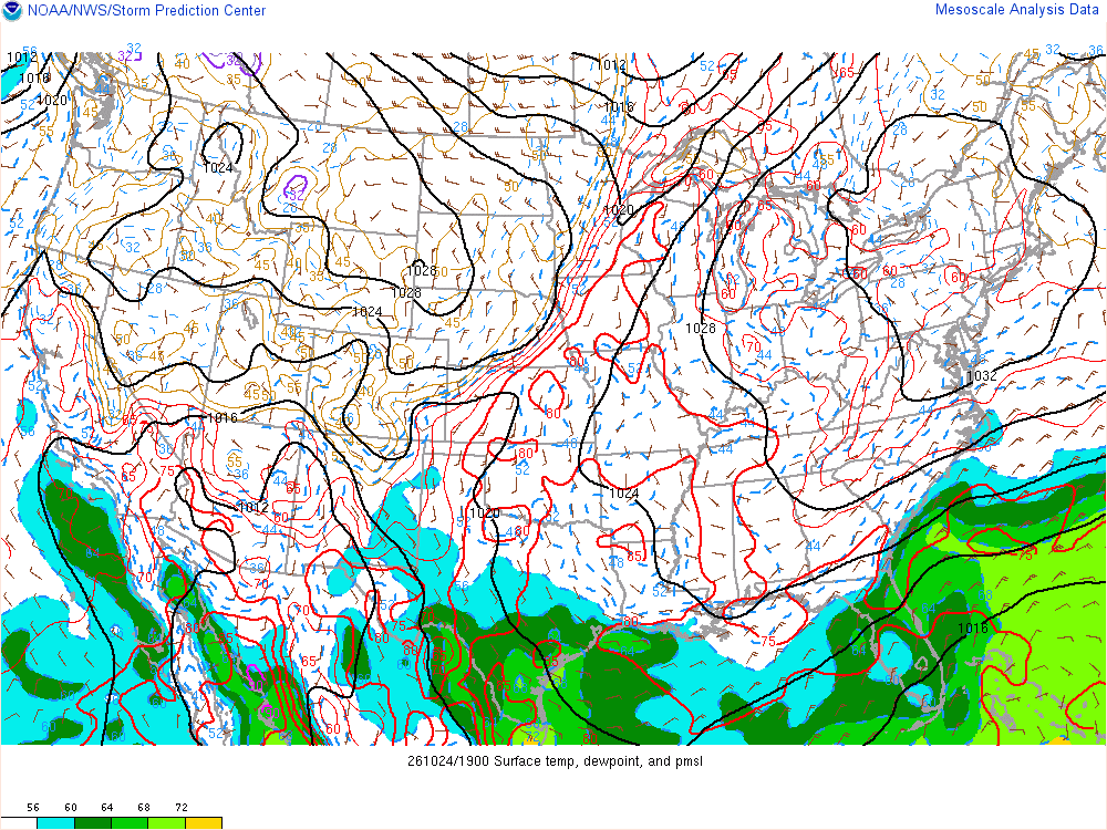 SPC mesoanalysis map, Surface temperature, dew point and sea-level pressure, lower 48, analysis for 20Z. Its key and units are in SPC’s picture; what it shows is described beside it.