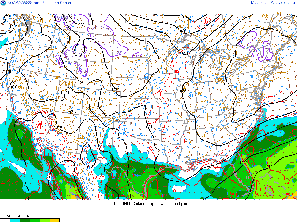 SPC mesoanalysis map, Surface temperature, dew point and sea-level pressure, lower 48, analysis for 05Z. Its key and units are in SPC’s picture; what it shows is described beside it.