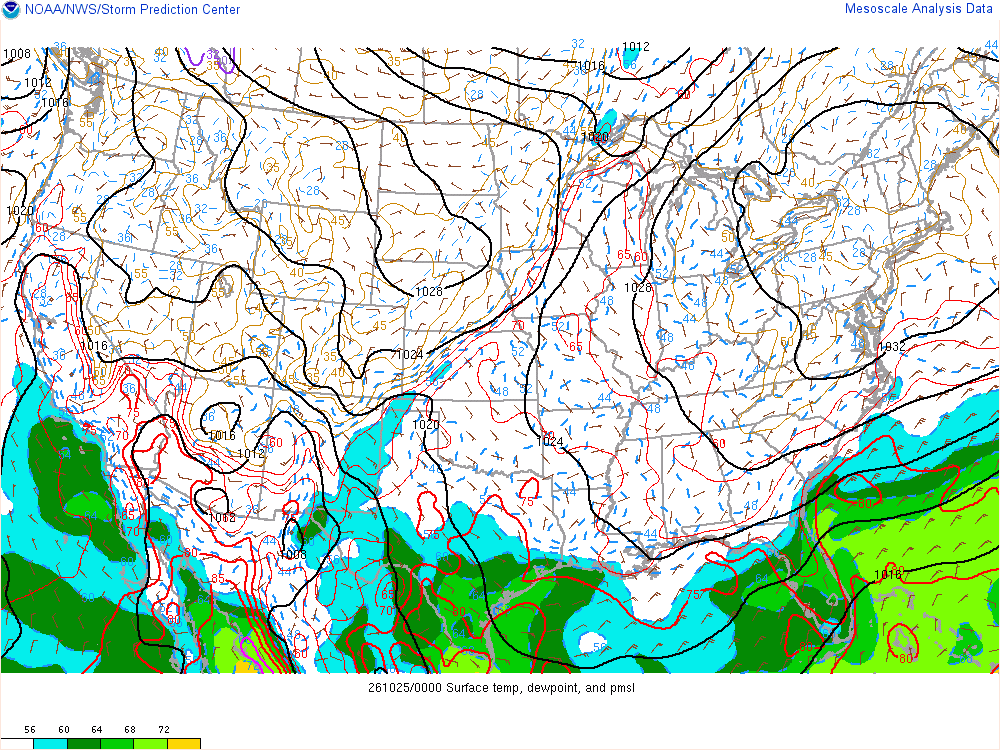 SPC mesoanalysis map, Surface temperature, dew point and sea-level pressure, lower 48, analysis for 01Z. Its key and units are in SPC’s picture; what it shows is described beside it.