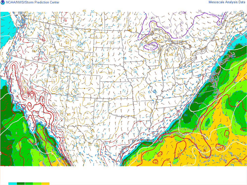 SPC mesoanalysis map, Surface temperature, dew point and sea-level pressure, lower 48, analysis for 03Z. Its key and units are in SPC’s picture; what it shows is described beside it.