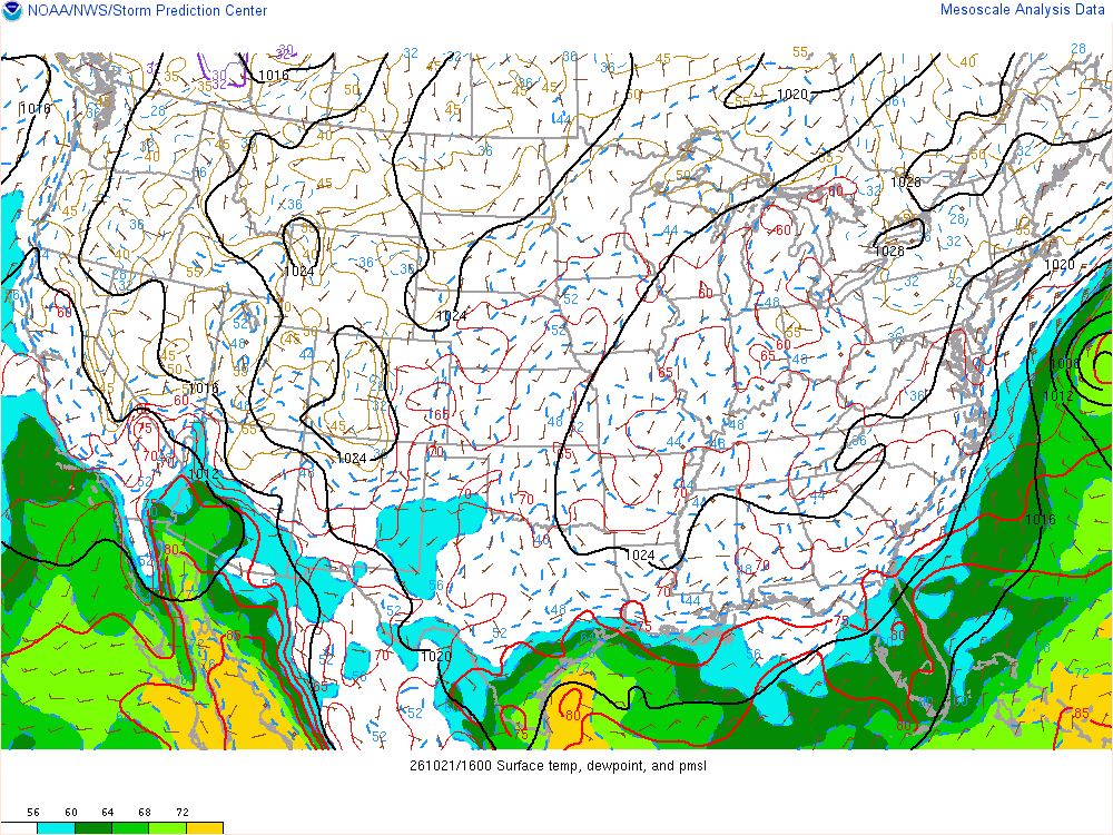 SPC mesoanalysis map, Surface temperature, dew point and sea-level pressure, lower 48, analysis for 17Z. Its key and units are in SPC’s picture; what it shows is described beside it.