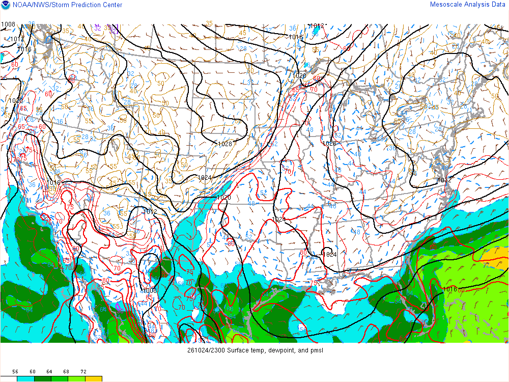 SPC mesoanalysis map, Surface temperature, dew point and sea-level pressure, lower 48, analysis for 00Z. Its key and units are in SPC’s picture; what it shows is described beside it.