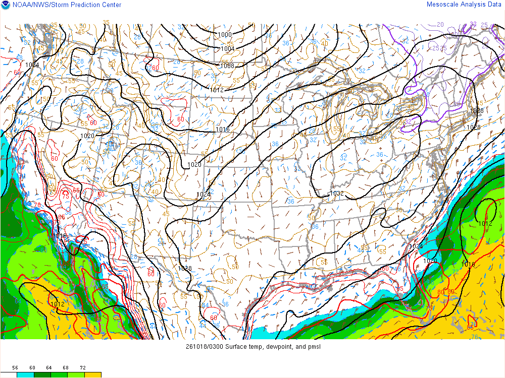 SPC mesoanalysis map, Surface temperature, dew point and sea-level pressure, lower 48, analysis for 04Z. Its key and units are in SPC’s picture; what it shows is described beside it.
