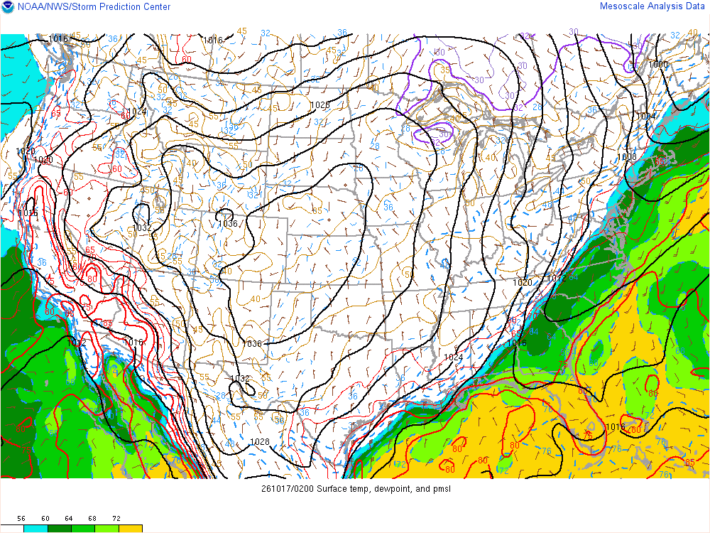 SPC mesoanalysis map, Surface temperature, dew point and sea-level pressure, lower 48, analysis for 02Z. Its key and units are in SPC’s picture; what it shows is described beside it.