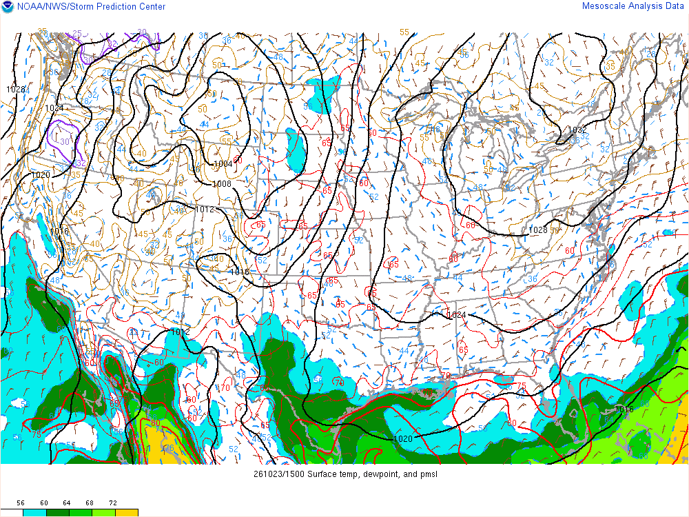 SPC mesoanalysis map, Surface temperature, dew point and sea-level pressure, lower 48, analysis for 16Z. Its key and units are in SPC’s picture; what it shows is described beside it.