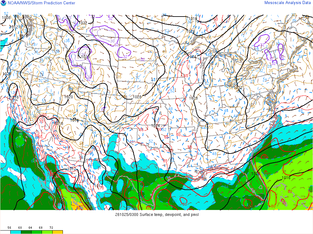 SPC mesoanalysis map, Surface temperature, dew point and sea-level pressure, lower 48, analysis for 04Z. Its key and units are in SPC’s picture; what it shows is described beside it.