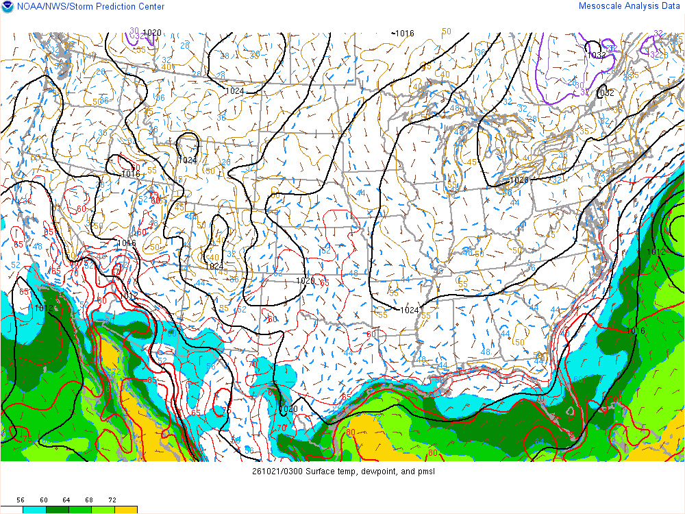 SPC mesoanalysis map, Surface temperature, dew point and sea-level pressure, lower 48, analysis for 04Z. Its key and units are in SPC’s picture; what it shows is described beside it.