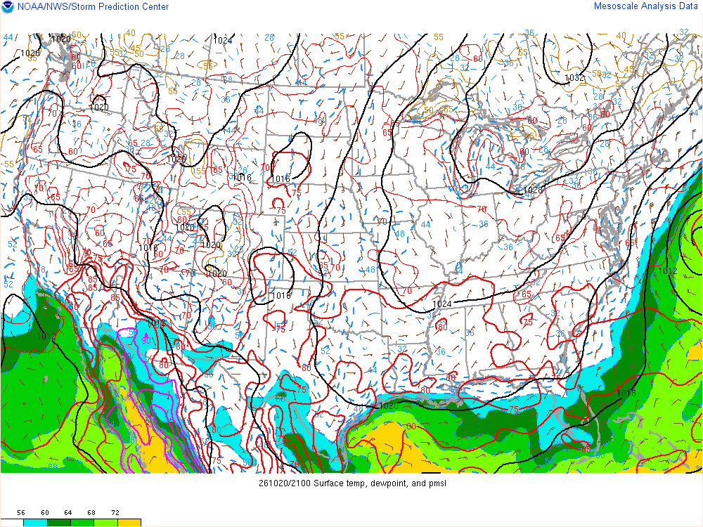 SPC mesoanalysis map, Surface temperature, dew point and sea-level pressure, lower 48, analysis for 22Z. Its key and units are in SPC’s picture; what it shows is described beside it.