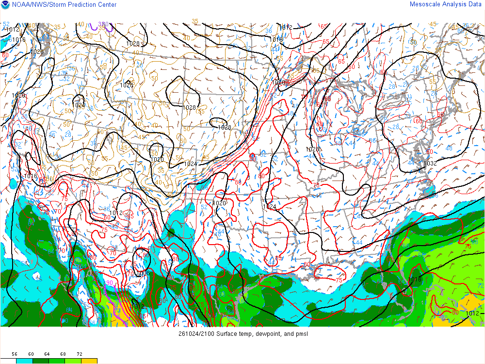 SPC mesoanalysis map, Surface temperature, dew point and sea-level pressure, lower 48, analysis for 22Z. Its key and units are in SPC’s picture; what it shows is described beside it.
