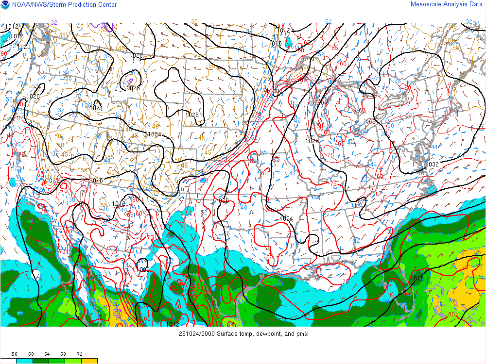 SPC mesoanalysis map, Surface temperature, dew point and sea-level pressure, lower 48, analysis for 21Z. Its key and units are in SPC’s picture; what it shows is described beside it.