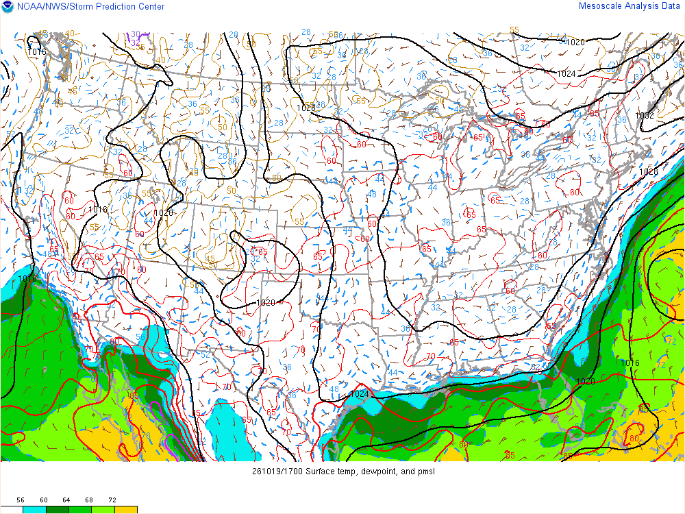SPC mesoanalysis map, Surface temperature, dew point and sea-level pressure, lower 48, analysis for 18Z. Its key and units are in SPC’s picture; what it shows is described beside it.
