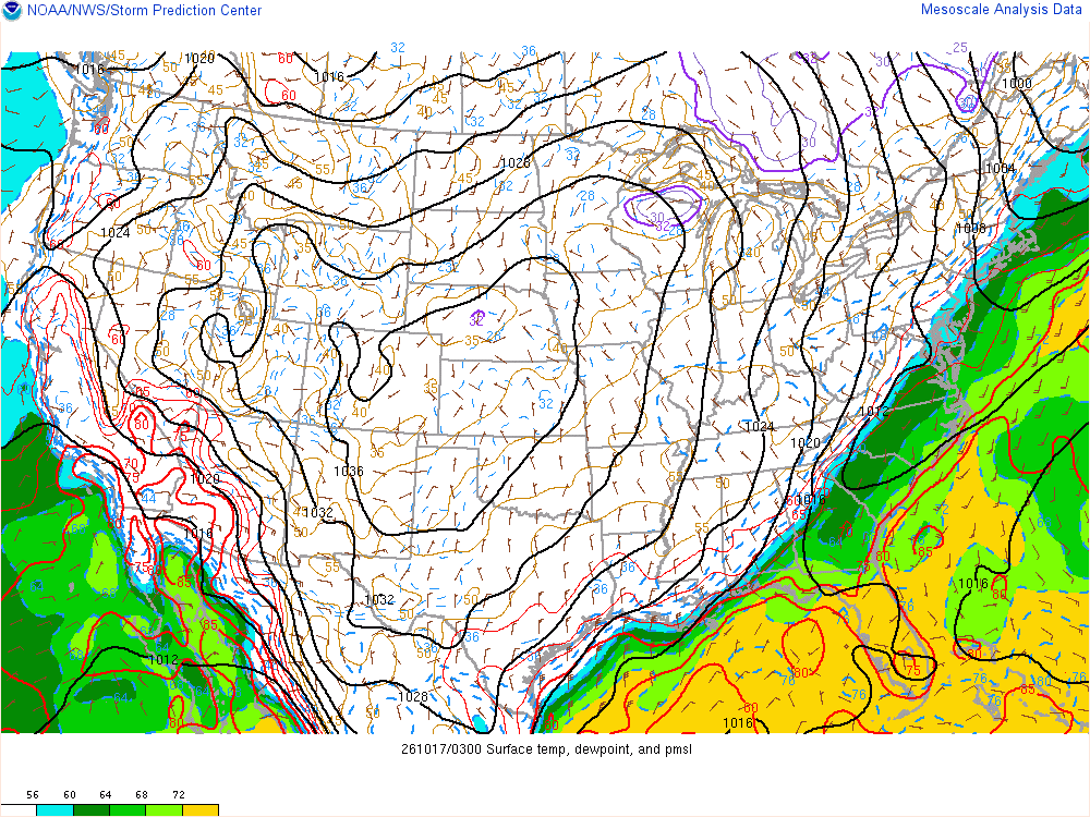 SPC mesoanalysis map, Surface temperature, dew point and sea-level pressure, lower 48, analysis for 04Z. Its key and units are in SPC’s picture; what it shows is described beside it.