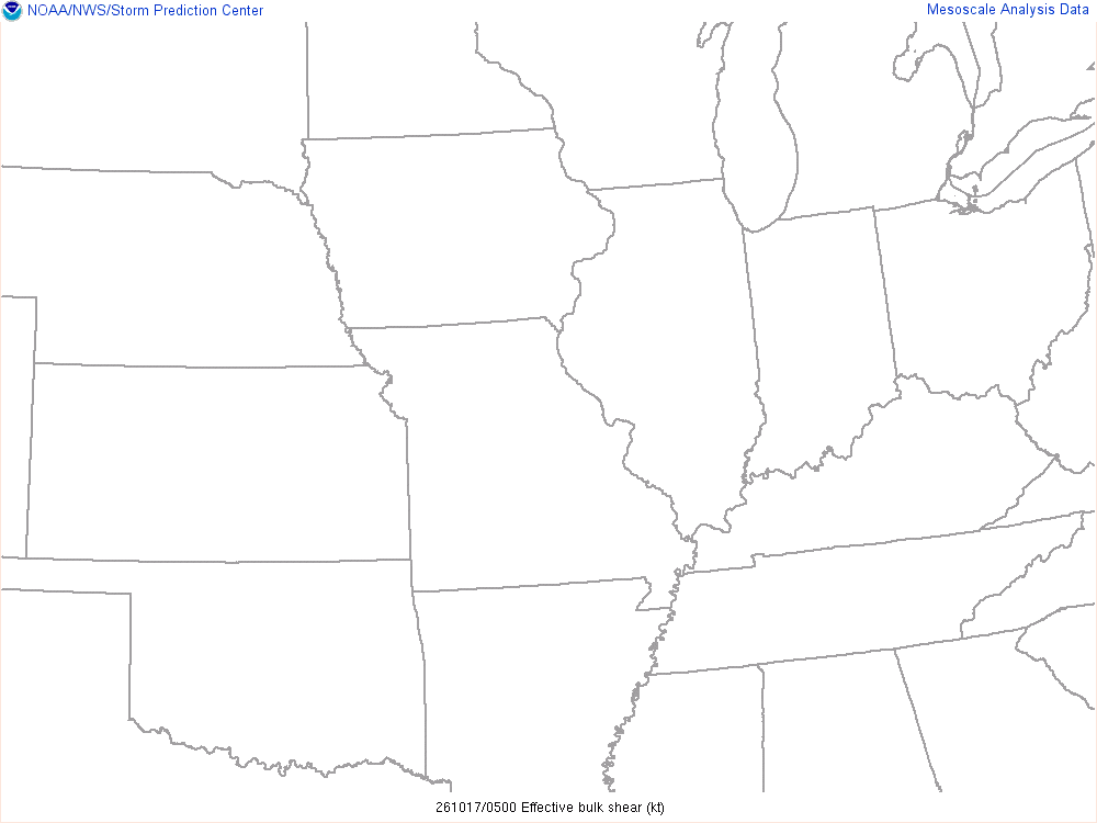 SPC mesoanalysis map, Effective bulk shear, Midwest region, analysis for 05Z. Its key and units are in SPC’s picture; what it shows is described beside it.