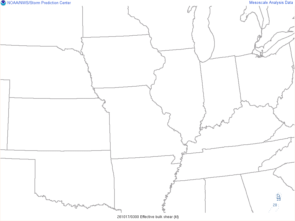 SPC mesoanalysis map, Effective bulk shear, Midwest region, analysis for 03Z. Its key and units are in SPC’s picture; what it shows is described beside it.