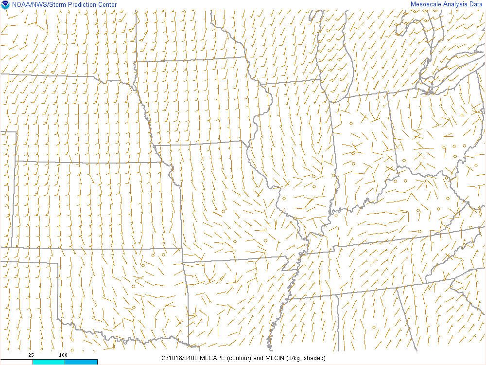 SPC mesoanalysis map, Mixed-layer CAPE and CIN, Midwest region, analysis for 04Z. Its key and units are in SPC’s picture; what it shows is described beside it.