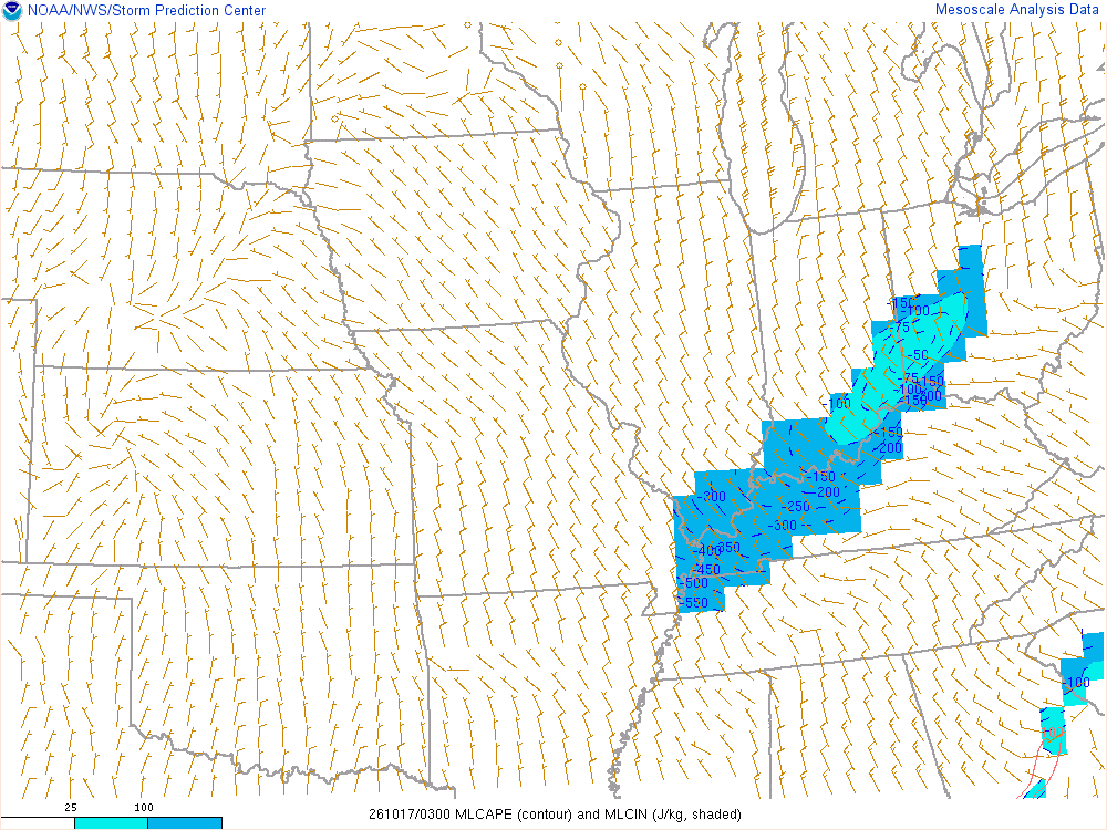 SPC mesoanalysis map, Mixed-layer CAPE and CIN, Midwest region, analysis for 03Z. Its key and units are in SPC’s picture; what it shows is described beside it.