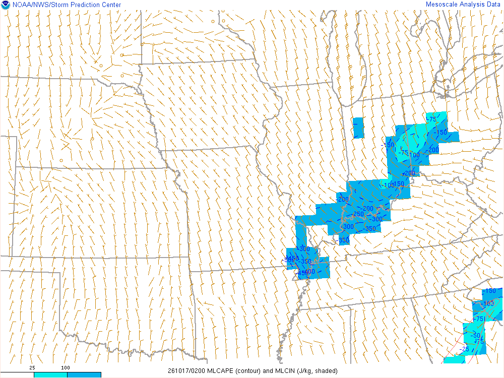 SPC mesoanalysis map, Mixed-layer CAPE and CIN, Midwest region, analysis for 02Z. Its key and units are in SPC’s picture; what it shows is described beside it.