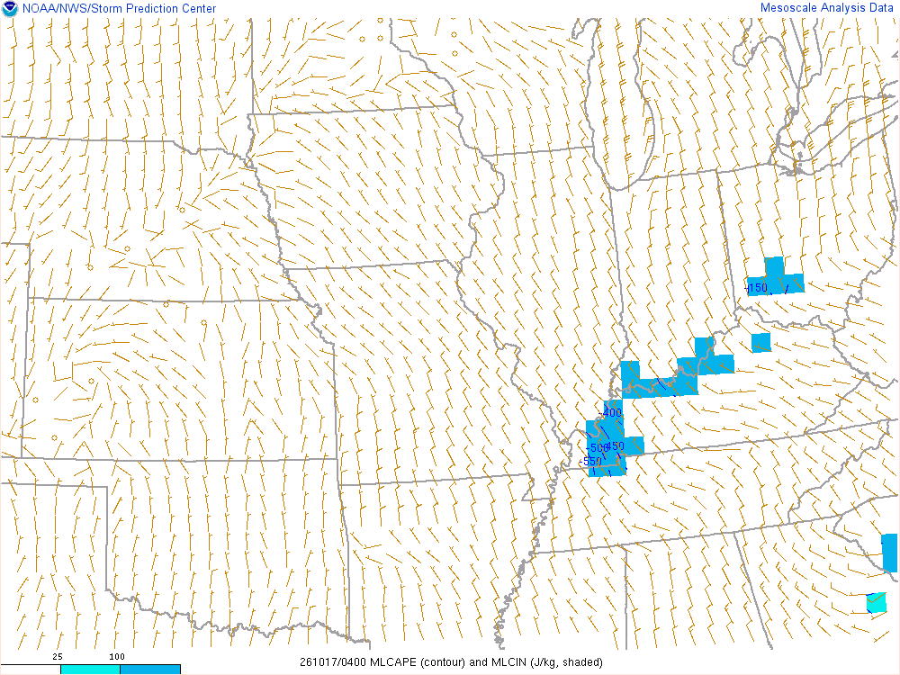 SPC mesoanalysis map, Mixed-layer CAPE and CIN, Midwest region, analysis for 04Z. Its key and units are in SPC’s picture; what it shows is described beside it.
