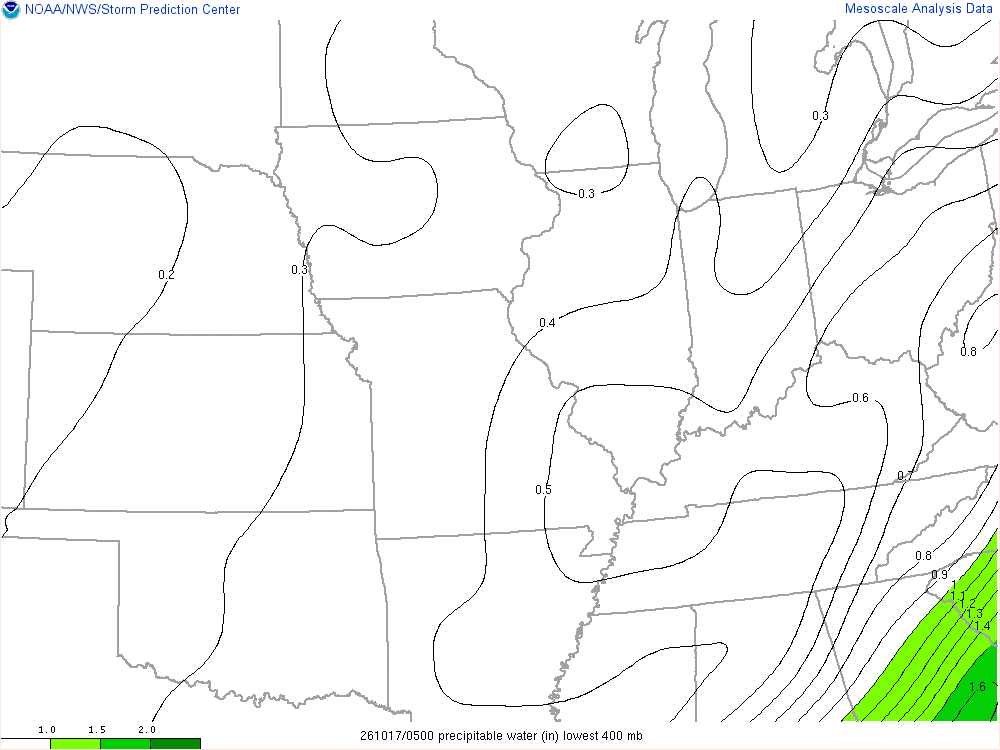 SPC mesoanalysis map, Precipitable water, Midwest region, analysis for 05Z. Its key and units are in SPC’s picture; what it shows is described beside it.