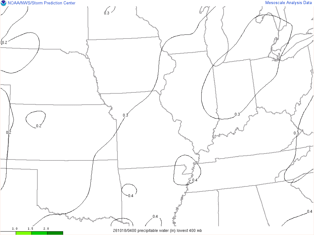 SPC mesoanalysis map, Precipitable water, Midwest region, analysis for 04Z. Its key and units are in SPC’s picture; what it shows is described beside it.