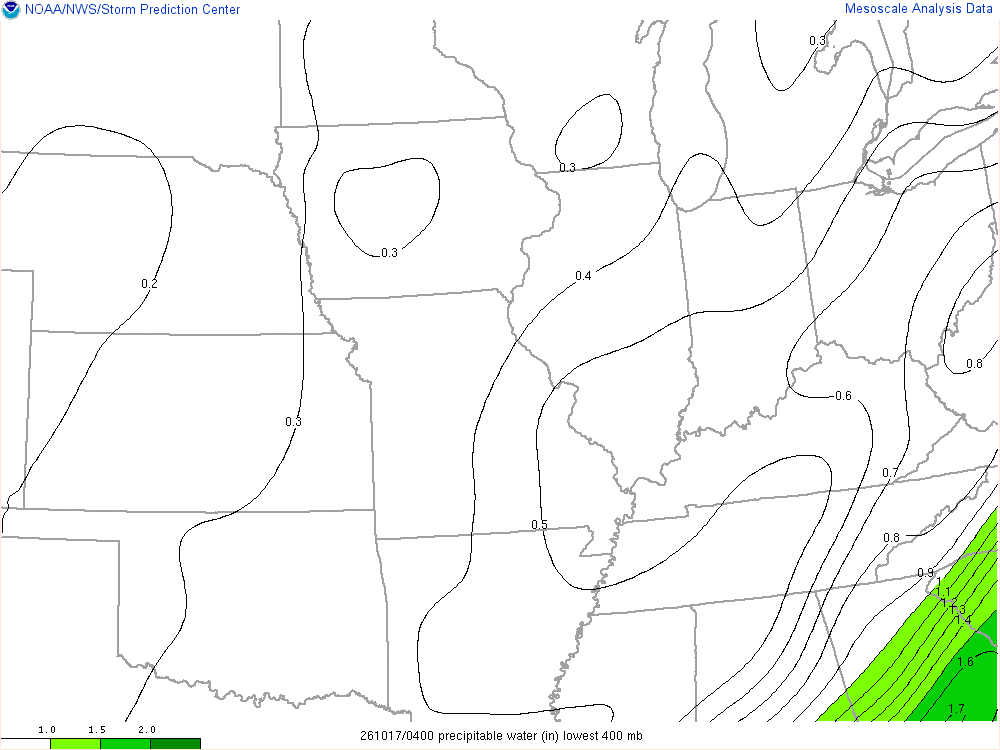 SPC mesoanalysis map, Precipitable water, Midwest region, analysis for 04Z. Its key and units are in SPC’s picture; what it shows is described beside it.